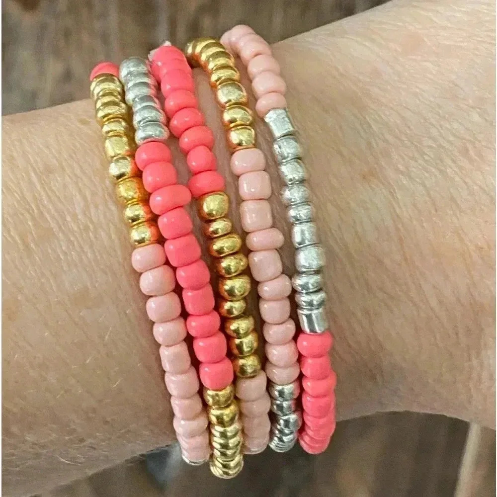 Gold Silver Blush Pink Handmade Large Seed Bead Bracelet Necklace